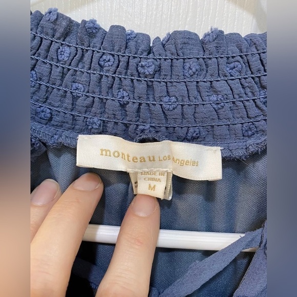 Women's Blue Swiss Dot Dress Knee Length Short Ruffle Sleeve Size M - Picture 3 of 7